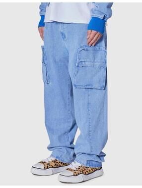 MNML Men's Ultra Baggy Feeling Blue Denim Cargo Jeans - Size 33